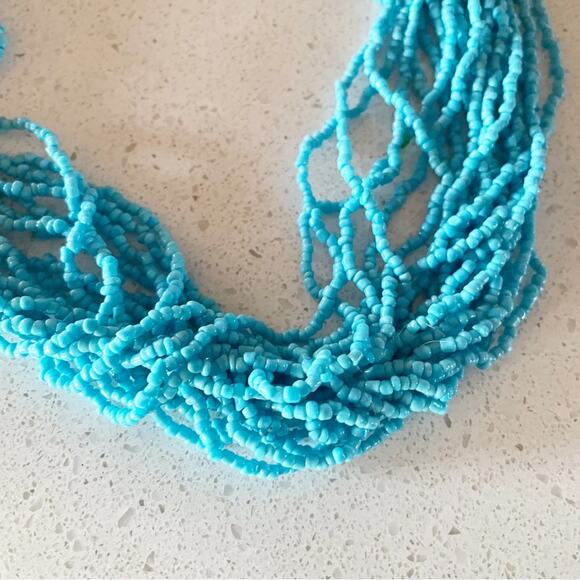 Turquoise Colored Beaded Rope Strand Necklace 9” Drop Silver Clasp - Picture 2 of 3
